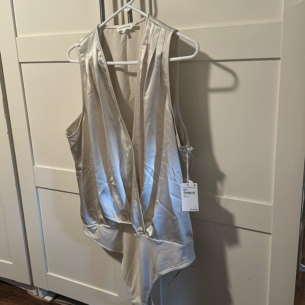 Good American Wash Satin Ivory Bodysuit NWT